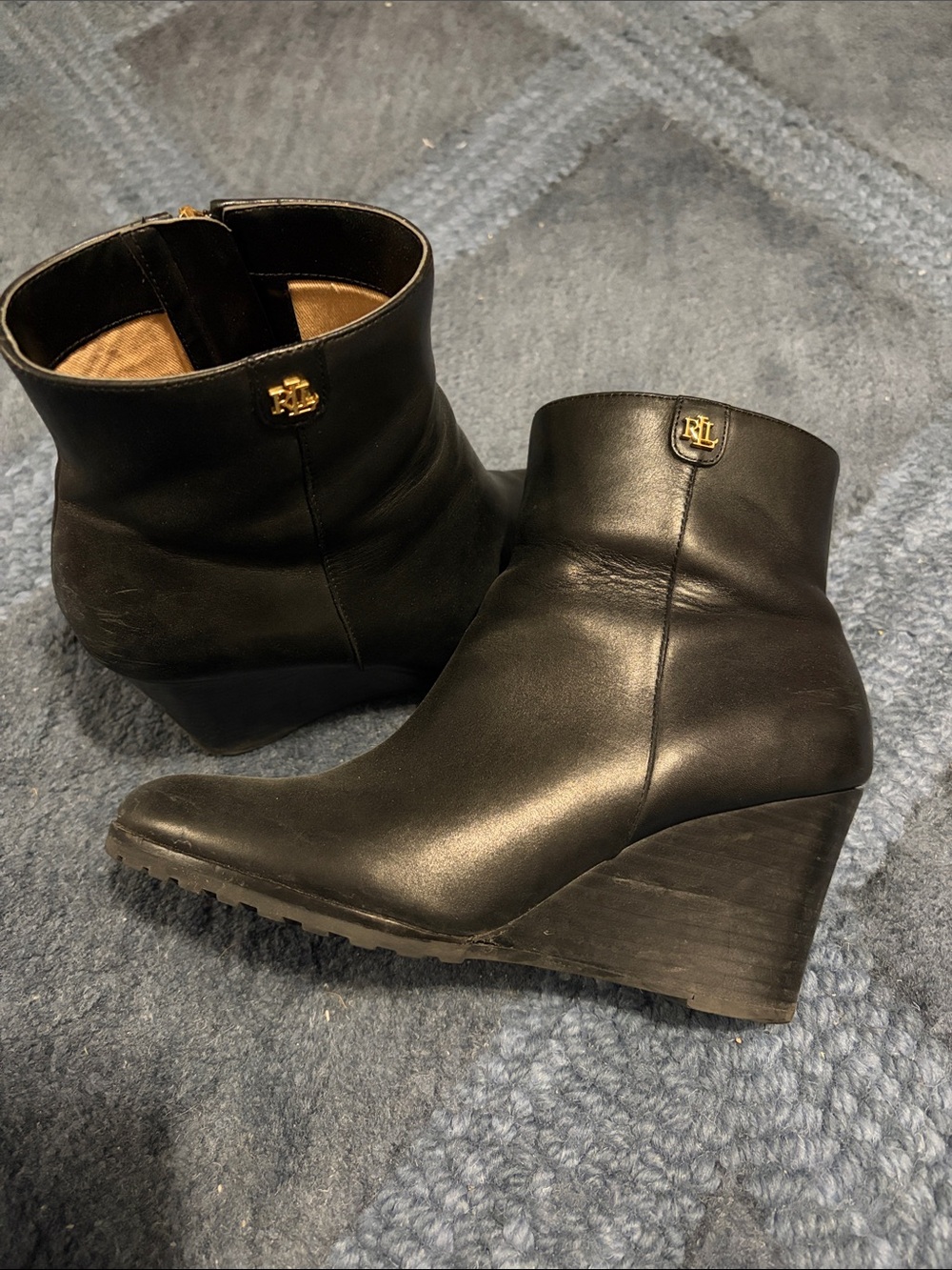 Ralph Lauren Black Leather Wedge Ankle Boots